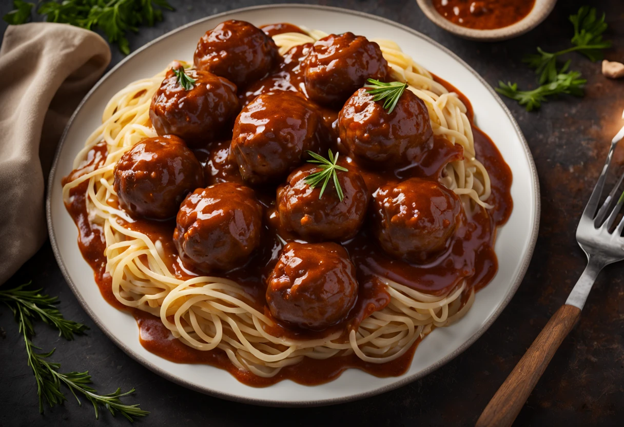 (best quality,8k,highres,masterpiece:1.2),ultra-detailed,(realistic,photorealistic,photo-realistic:1.37),professional,gastronomy photography,close-up,delicious meatballs in sauce,crispy texture,freshly cooked meatballs,tantalizing sauce,rich color palette,beautifully plated,professional lighting,vibrant colors,high contrast,juicy onions,aromatic herbs and spices,appetizing composition,savory aroma,artistic angle,meticulously captured,culinary artistry,fine dining,food styling,sensory experience,mouthwatering,rich depth of field,subtle shadows,detail-oriented,inviting presentation,elevated cuisine,flavorful,stunning visual,authentic delicacy