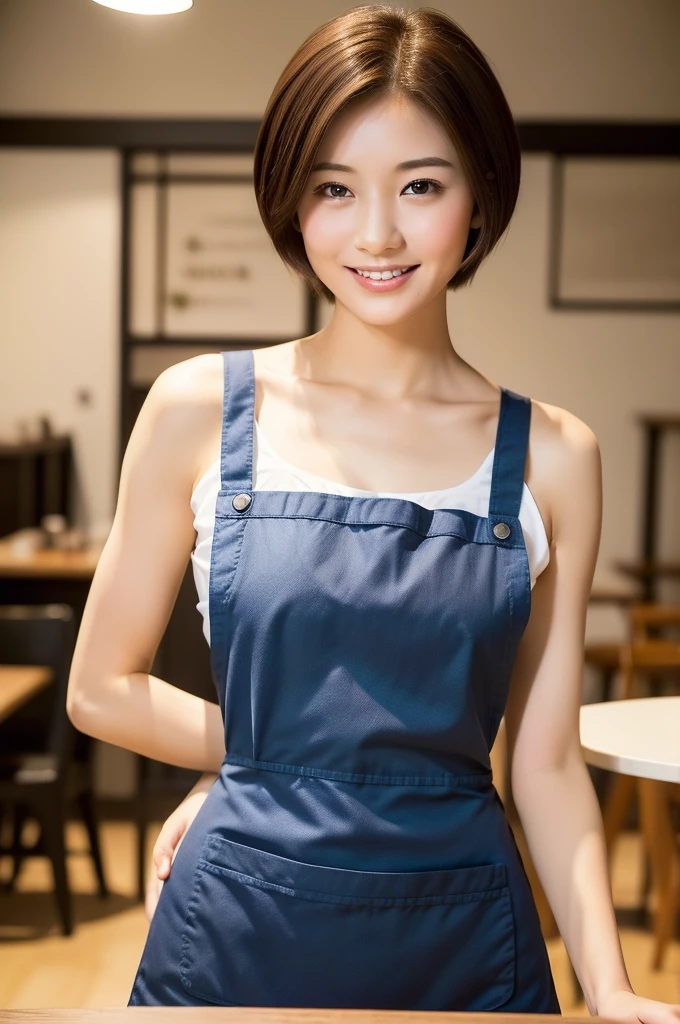 ((最hightquality、8K、masterpiece:1.3))、Crisp focus、1 girl in、Slim Beauty:1.2、brown haired、short-hair、(Inside the café)(:1.5)、(layers-Cut)、A detailed eye、二重まぶた、cute smile face、(closes mouth)、(Cute Japan human face beauty)、Soft skin、Reflecting the whole body、A hyper-realistic、ultra-detailliert、hightquality、(Beautiful short-haired waitress bringing coffee to the table、Wearing an apron)