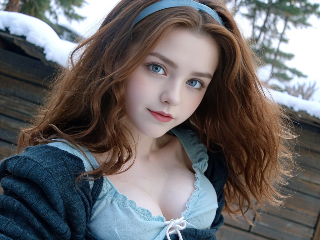 Pretty woman, similar to Amouranth,cute,huge natural breasts, red hair curly/flowing, detailed dark BLUE eyes and face, not to skinny, naughty smile, make it ultra-realistic, western european girl, in the snow in the mountains, clothing colour needs to be anything but green, extremely detailed blue eyes, extremely long wavy red hair, extremely long hair, extremely detailed blue eyes, wearing a wrath, naked ass