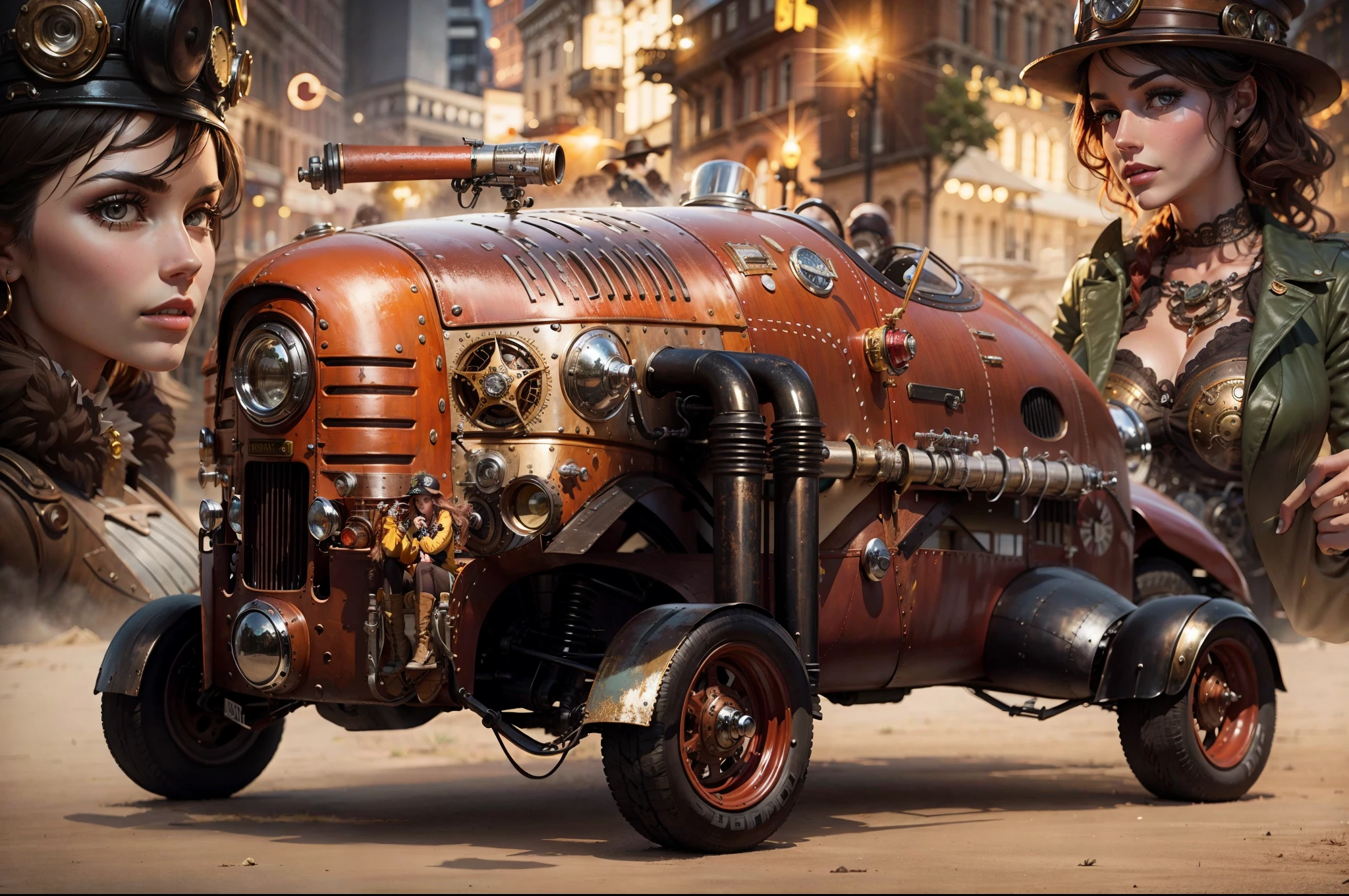 Vintage racing car flying in the foreground with two beautiful steampunk women in the background in front of steampunk buildings
