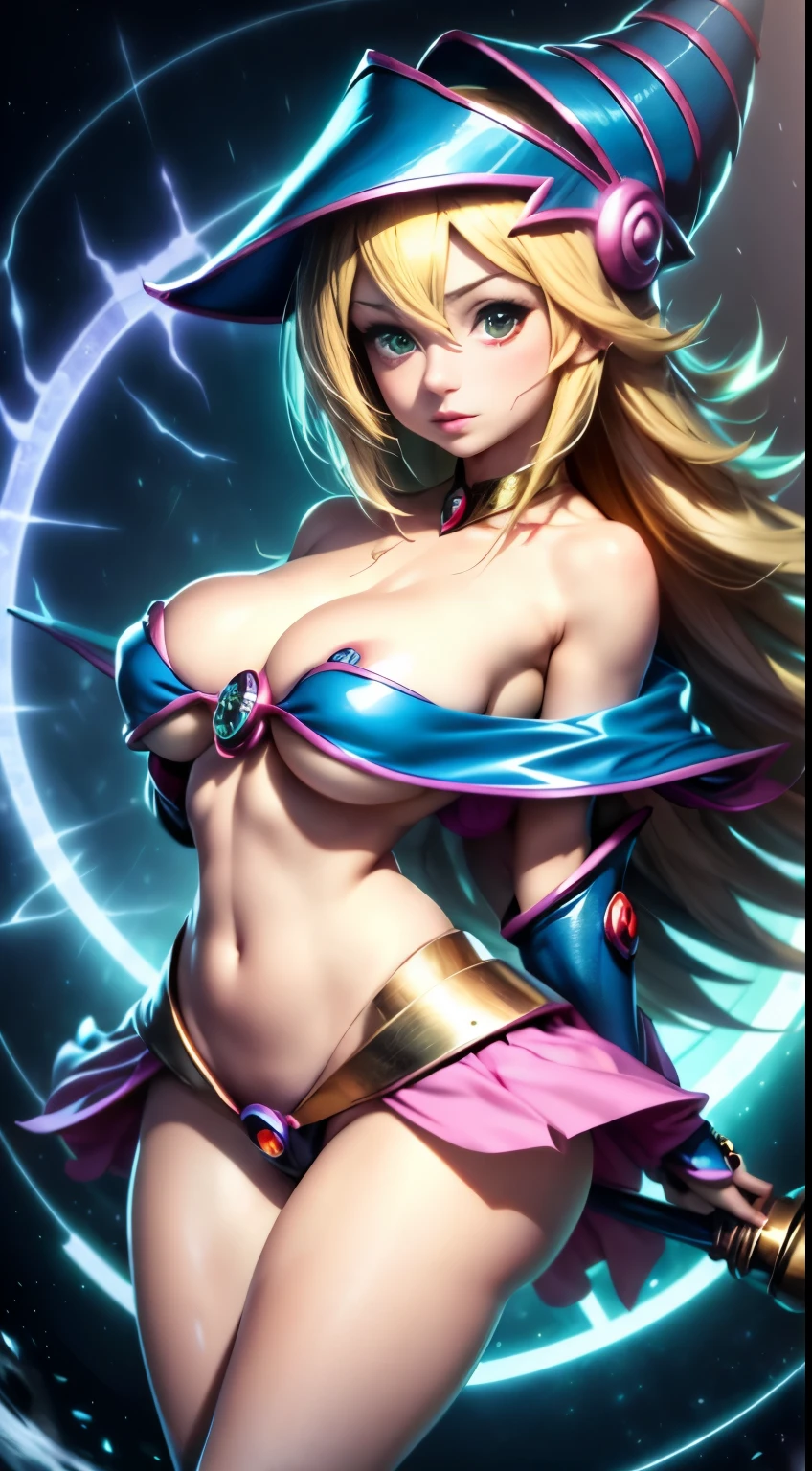 Hermosa joven dark magician gils con cabello rubio y ojos verdes、Anime style、small boobs. Pose sujestiva y . Cara de inocencia cuerpo de pecado. Fondo de magia. Circulos magicos.