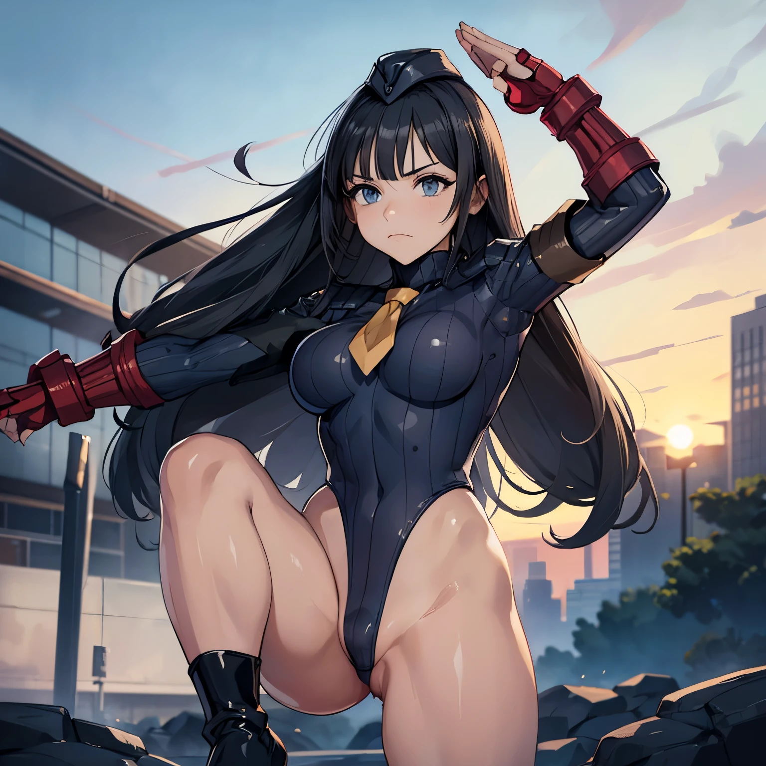 ultra-detailed, Explicit, Beautiful body, Beautiful Nose, Beautiful character design, perfect eyes, perfect face, ultra highres, 4K, beautiful legs, perfect legs, Nice hands, Perfect hand, Masterpiece, Best Quality, Highly detailed, illustration, absurdres, street fighter, doll suit, shadaloo doll, dollsuit, girls, multiple girls, expressionless, blank eyes, looking at viewer, red gloves, emotionless, black latex, corrution, mind control, female combatant, full body, hypnotized, unhappy trance, full body suit, ribbed bodysuit, both arms at side, obey, perfect female body, extremely glossy latex, hypnosis, hypnoLora, empty eyes, Mind control device, poses, submissive_pose, Slave, hat, necktie, stand up straight, standing, standing at attention, hat, necktie, belt, latex, ribbed bodysuit, thighhighs, garter belt, Fighting Stance, extending the right arm from the shoulder into the air with a straightened hand, nazi saluting, military, military saluting, salute, thigh boots, Long hair, black hair, blue eyes, Komichi Akebi, akebi’s Sailor Uniform