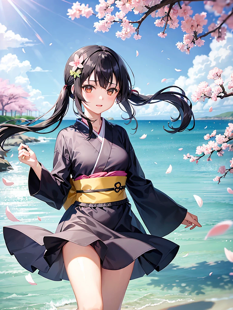 1girl,black hair, floating hair, seaside,scenery,landscape,cherry blossoms, falling petals, sunbeam,god rays,upper body, RENGE,DRESS,KIMONO