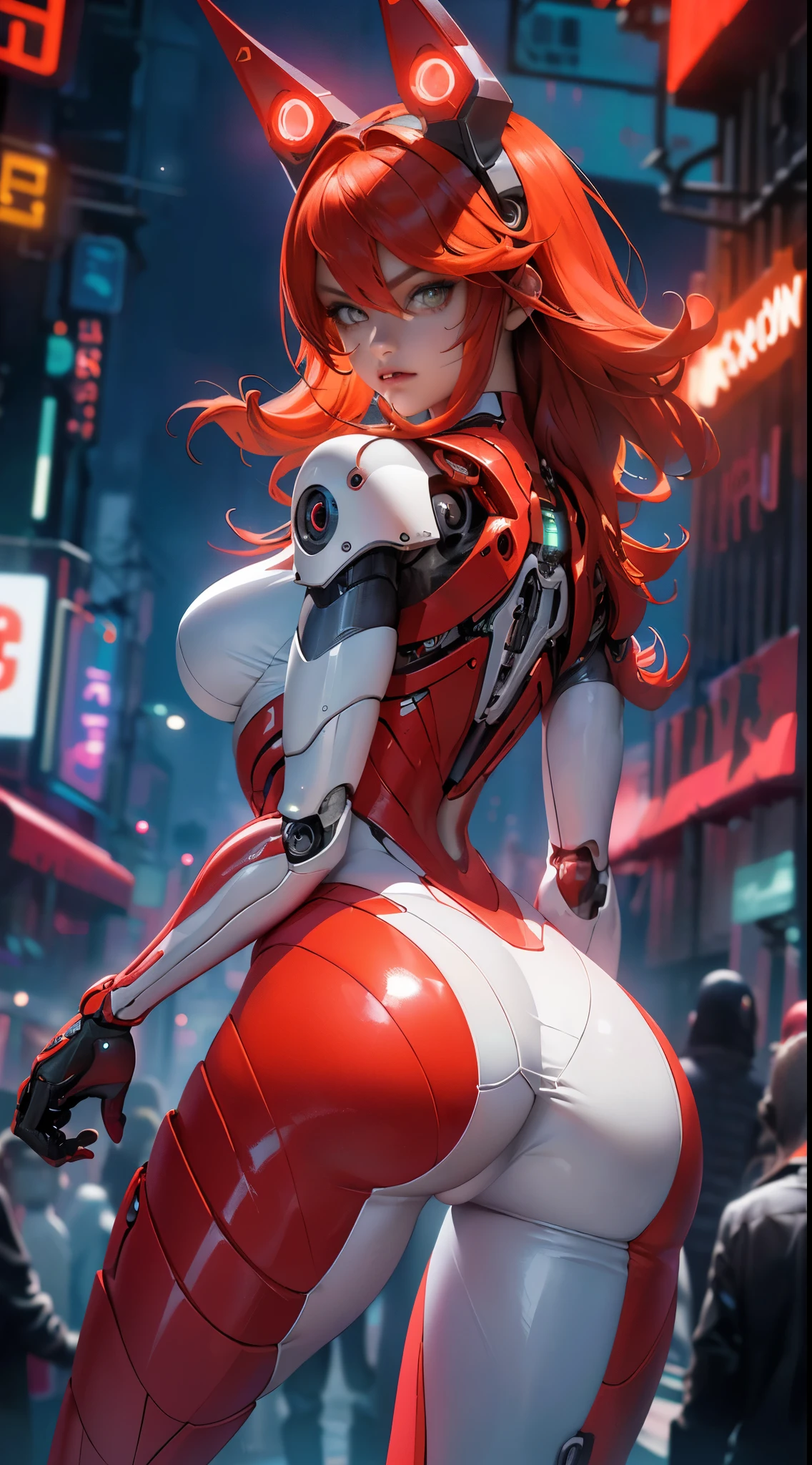 highest qualityr))、((obra maestra)、cyberpunked、large buttockss、arrodillarse、Electronic visor attached to the face of a 12-year-old girl with emphasis on the buttocks、Red latex body,Moda cyberpunk、Pose sexy、(Usar polainas amarillas en la parte inferior del cuerpo、Agrandamiento de los senos、Neon lights in the dark city at night,motor irreal:1.4,UHD,La mejor calidad:1.4, fotorrealista:1.4, textura de la piel:1.4, obra maestra:1.8,obra-prima, mejor calidad,（Beautiful and detailed eye description）,( neon red cyborg),(Perfect anatomy),(convexo ,Dedos detallados),white cyborg latex bodysuit,