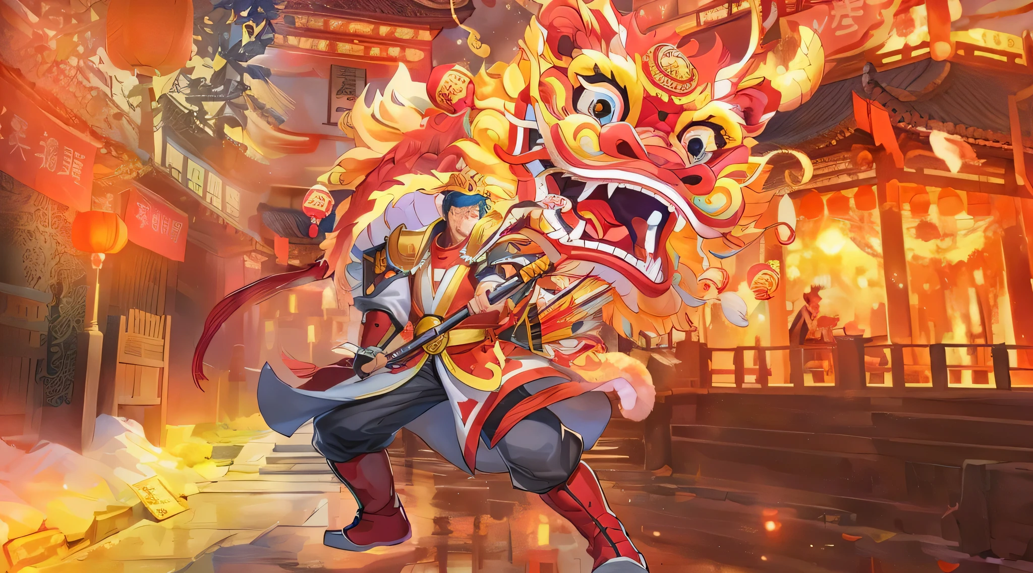 1 boy, red attire, Chinese New Year, lanterns, lion dance, fire works, firecrackers, tmasterpiece, (ultra - detailed:1.3), Unity8k wallpaper, happy Chinese New Year(realistically:1.4), Best quality