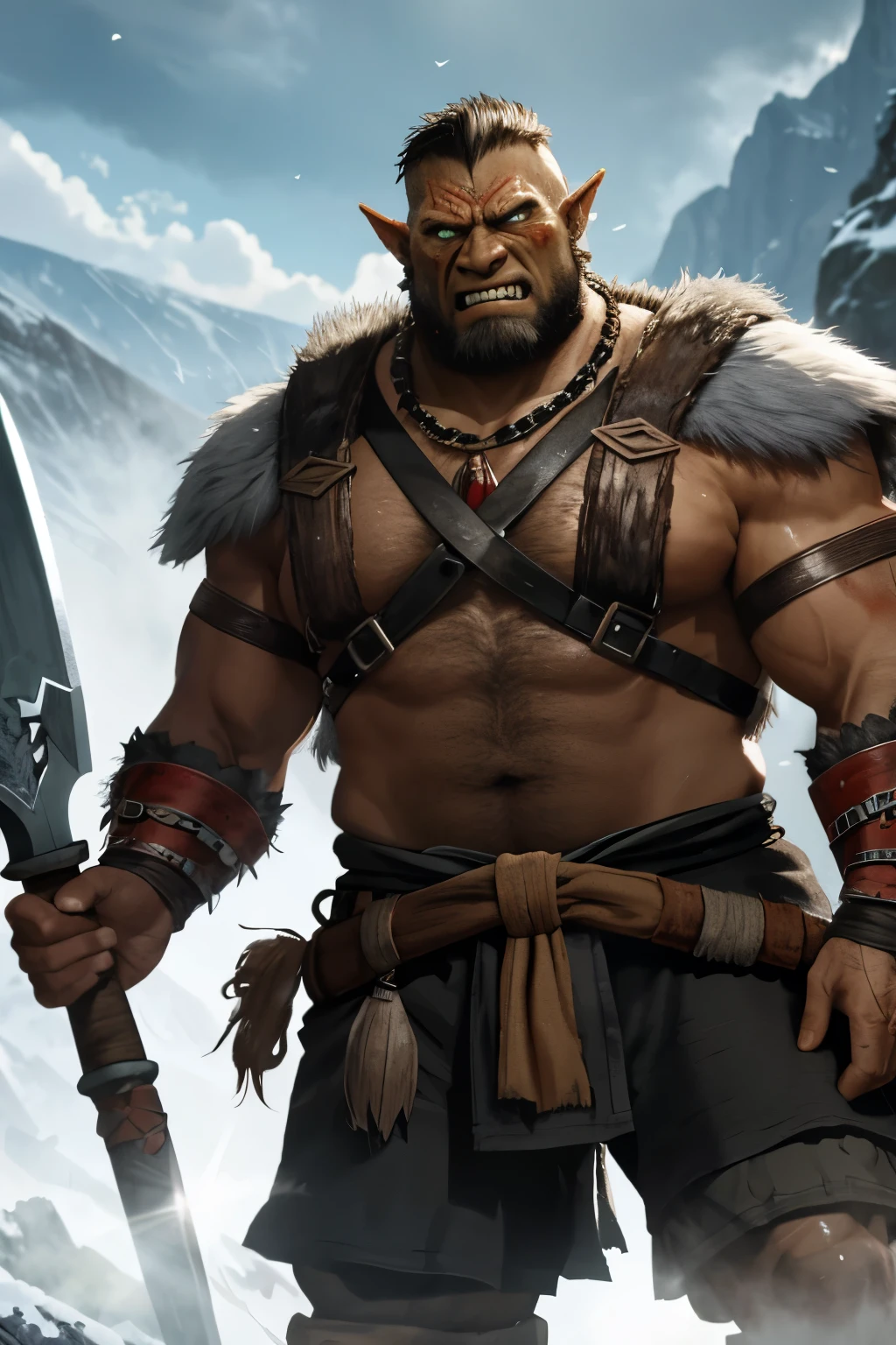 orc, man, warrior, using a bone ax in his hand, young, angry look, 8k