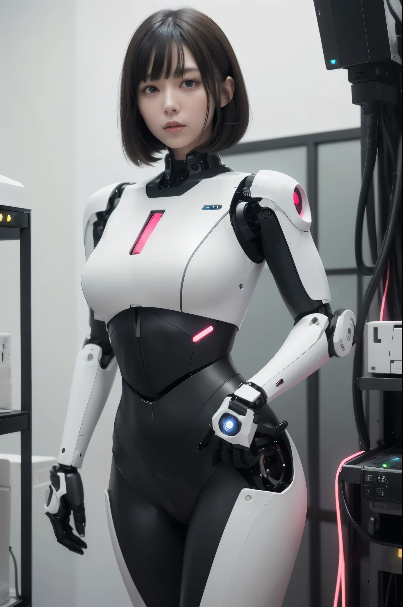 (photorealistic:1.4), (RAW photo)masterpiece, best quality, extremely detailed, (8K, 4K, Best Quality, hight resolution, 超A high resolution:1.1), (masutepiece, Realistic, Photorealsitic:1.1),8k portrait, Japaese android Girl,Plump , dark black leg cover,announcer,control panels,android,Droid,Mechanical Hand, Robot arms and legs, Black Robot Parts,Black hair,Mechanical body,Blunt bangs,White abdomen,white body suits,White robotics parts,perfect robot woman,future laboratory,cyber pank,charging spot,laboratory,long tube,thick cable connected her neck,ceramic body ,full eyes,striking eyes,perfect mechanical body, white robot body,lod antenna,mechanical ear cover,android,robot humanoid,black sponge joints,The removable red cover is in the groin,The connection port is in the groin