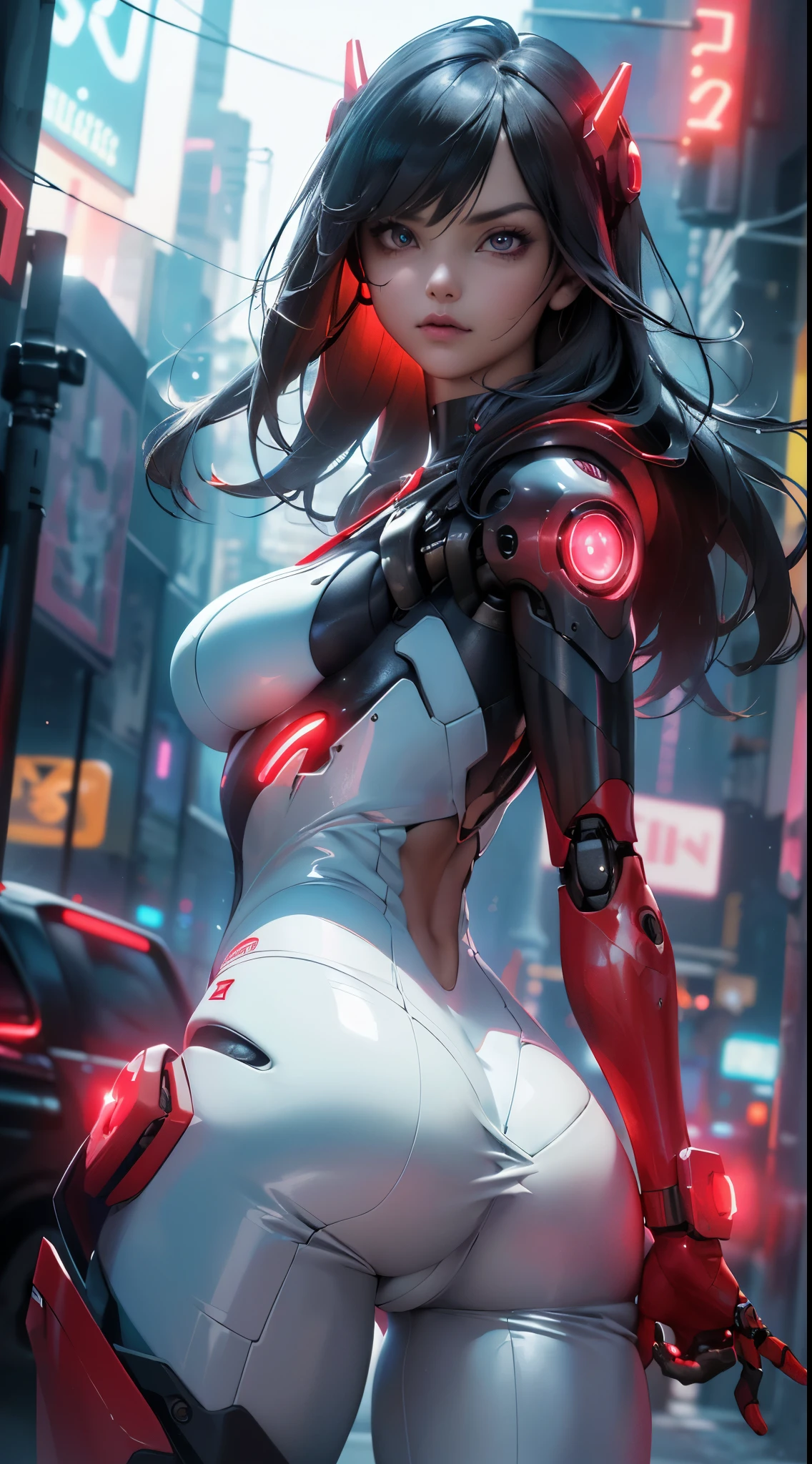 highest qualityr))、((obra maestra)、cyberpunked、large buttockss、arrodillarse、Electronic visor attached to the face of a 12-year-old girl with emphasis on the buttocks、Red latex body,Moda cyberpunk、Pose sexy、(Usar polainas amarillas en la parte inferior del cuerpo、Agrandamiento de los senos、Neon lights in the dark city at night,motor irreal:1.4,UHD,La mejor calidad:1.4, fotorrealista:1.4, textura de la piel:1.4, obra maestra:1.8,obra-prima, mejor calidad,（Beautiful and detailed eye description）,( neon red cyborg),(Perfect anatomy),(convexo ,Dedos detallados),white cyborg latex bodysuit,