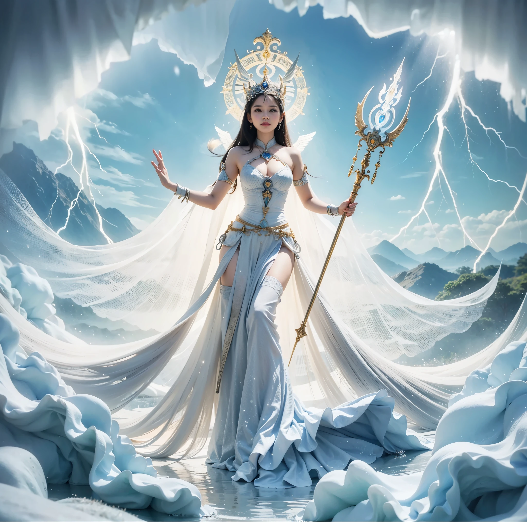 a woman in a blue dress holding a spear and a large white angel, devi wings, as a mystical valkyrie, cloud goddess, javanese mythology, female lord of change, portrait of modern darna, inspired by Rudy Siswanto, mystical atlantean valkyrie, goddess of love and peace, mystical valkyrie, earth goddess mythology, trending digital fantasy art , masterpiece, best quality:1.2),,(8k,highres,RAW photo,realistic,photo-realistic:1.3),(detailed skin texture,detailed cloth texture,beautiful detailed face:1.25),professional lighting,photon mapping,beautiful soft light,radiosity,physically-based rendering,raytracing, model shoot style, model shoot style, (extremely detailed CG unity 8k wallpaper), full shot body photo of the most beautiful artwork in the world