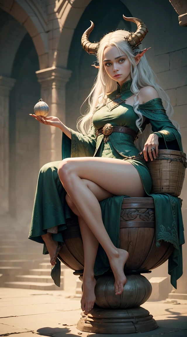 masterpiece, top-quality, Detailed details, Detailed landscapes, beatiful lights, Beautiful Shadows, Elven Woman,28 year old,Green eyes,Bewitching look,Challenging look,Lying in bed,Long hair,Bunching hair,Silvery hair,long ears,Slit skirt,Clothes that have fallen apart,detailed skin textures, Tyndall effect,candle light,detailed eyes, detaield hands, detailed face, elf woman, full body