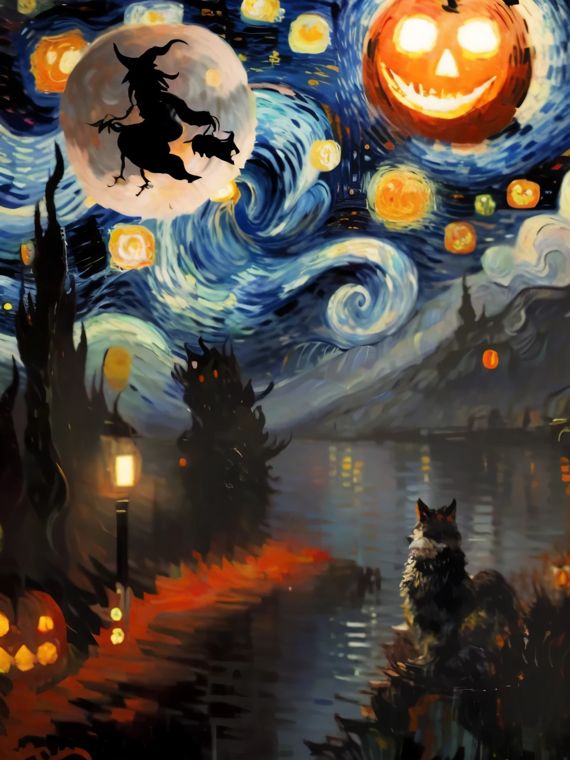 Oil painting, starry night by Van Gogh , oil painting, halloween night fantasy, werewolf, fantasy style