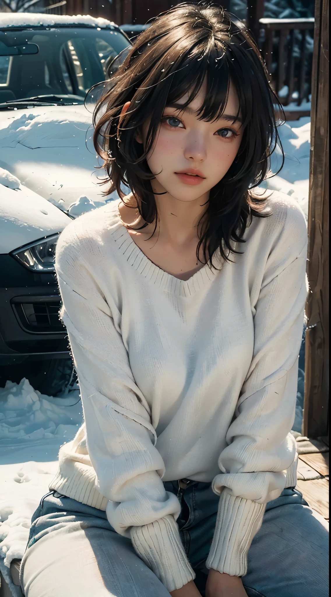 (ultra-detailed,photorealistic:1.37),(best quality,4k,8k,highres,masterpiece:1.2),portrait,beautiful detailed eyes,beautiful detailed lips,slim figure,18-year-old girl,looking at the snowy landscape outside,short hair with bangs covering the eyes,wearing a white sweater,sunlight shining on her,seated sideways