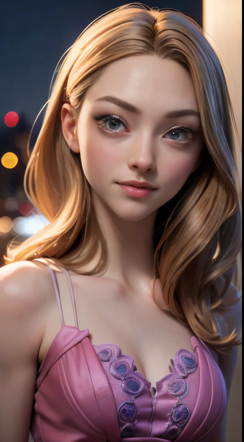 photo of Amanda Seyfried, RAW, beautiful woman, ((portrait)), ((detailed face:1.2)), ((detailed facial feature, detailed skin, clear skin), (perfect proportioned body), (wearing a colorful dress) (high detailed city environment, apartment balcony), (realistic photo, best quality, detailed), (8k wallpaper), (cinematic lighting, dramatic lighting) (sharp focus, intricate)