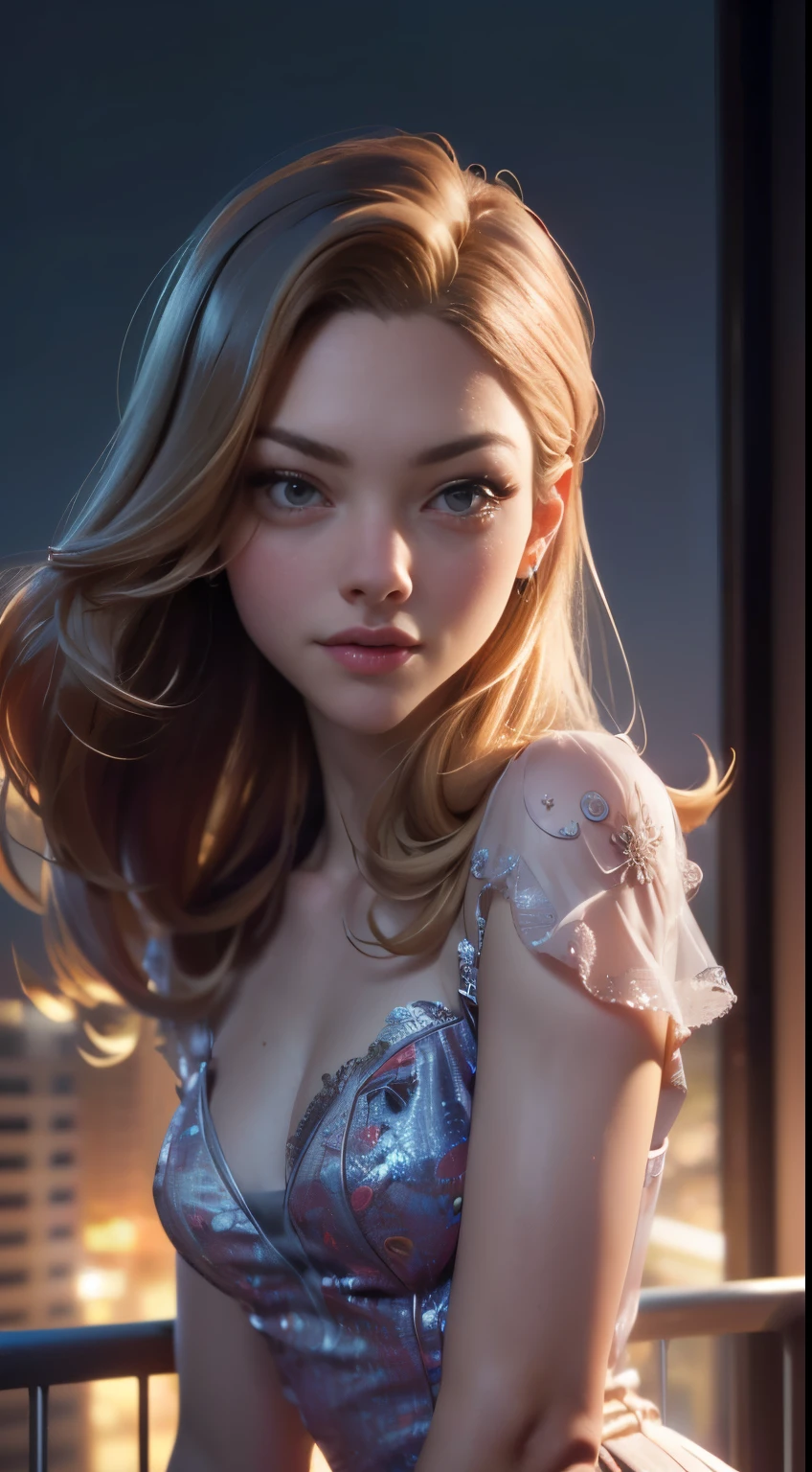 photo of Amanda Seyfried, RAW, beautiful woman, ((portrait)), ((detailed face:1.2)), ((detailed facial feature, detailed skin, clear skin), (perfect proportioned body), (wearing a colorful dress) (high detailed city environment, apartment balcony), (realistic photo, best quality, detailed), (8k wallpaper), (cinematic lighting, dramatic lighting) (sharp focus, intricate)