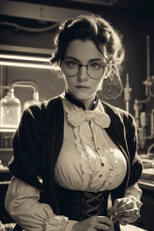 (best quality, highres, masterpiece), retro lighting, vintage film grain, detailed facial expression, revealing faux Victorian era clothing, dramatic pose, sexy mad scientist, electrical lab equipment in the background, beautiful face, seductive expression