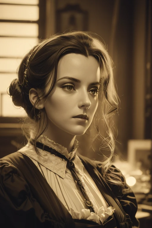 (best quality, highres, masterpiece), retro lighting, vintage film grain, detailed facial expression, revealing faux Victorian era clothing, dramatic pose, sexy mad scientist, electrical lab equipment in the background, beautiful face, seductive expression