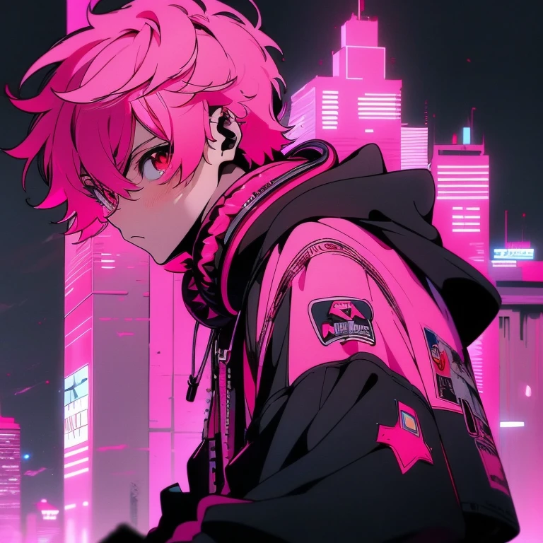 (short-cut), (Two-block hair), (vivid pink hair), (male character), (Red Eyes), (Cool pose), (of the highest quality), (masterpiece), (ultra-detailliert), (Oversized hoodies), (Street), (neons), (Camera from a down angle), (Modern City), (neonsデイライト), (Cinematic), (Stylish), (hight resolution), (Hyper Detailed), (Looking at the camera), (Anime-style), (Softtown), (nightcore), (a handsome man), (Listening to music through headphones), (natural appearance of the building), (casual), (ig studios anime style), (multifaceted),