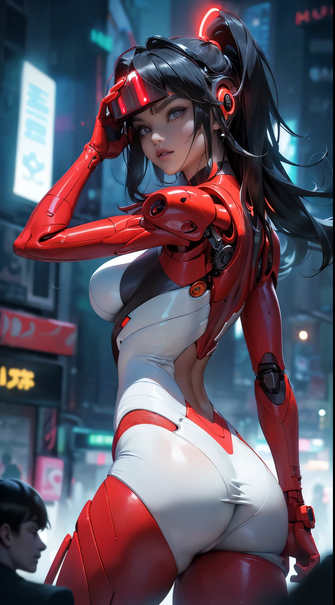 highest qualityr))、((obra maestra)、cyberpunked、large buttockss、arrodillarse、Electronic visor attached to the face of a -yeld giwith emphasis on the buttocks、Red latex body,Moda cyberpunk、Pose sexy、(Usar polainas amarillas en la parte inferior del cuerpo、Agrandamiento de los senos、Neon lights in the dark city at night,motor irreal:1.4,UHD,La mejor calidad:1.4, fotorrealista:1.4, textura de la piel:1.4, obra maestra:1.8,obra-prima, mejor calidad,（Beautiful and detailed eye description）,( neon red cyborg),(Perfect anatomy),(convexo ,Dedos detallados),white cyborg latex bodysuit,