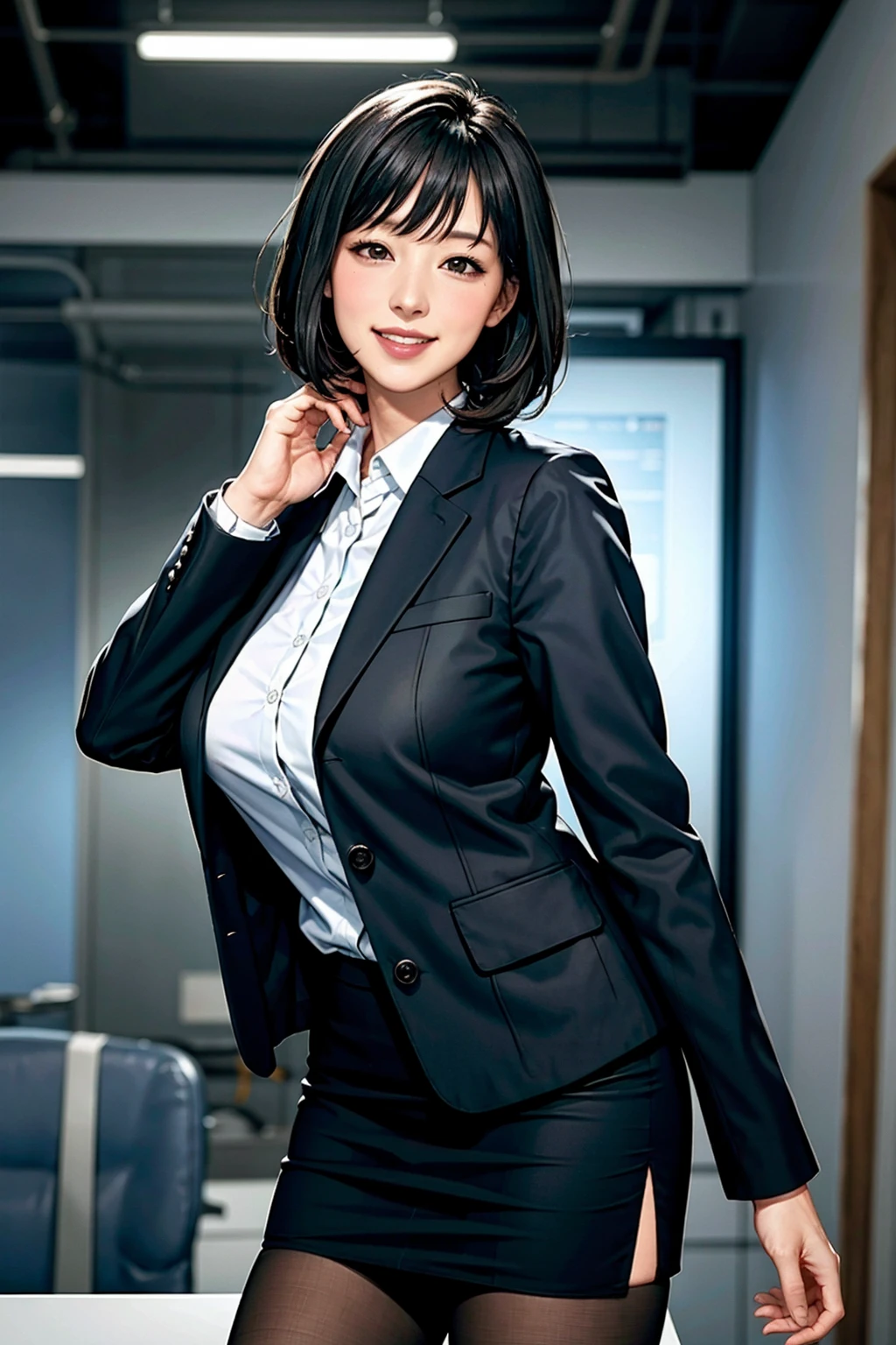(modern office indoors), 1lady, solo, mature female, (black medium hair), bangs, (suit), (jacket), open jacket, (pencil_skirt), (black pantyhorse), ((id card)), blush kind smile, (masterpiece best quality:1.2), delicate illustrations, high resolution, super detail, (huge breasts:1.1)