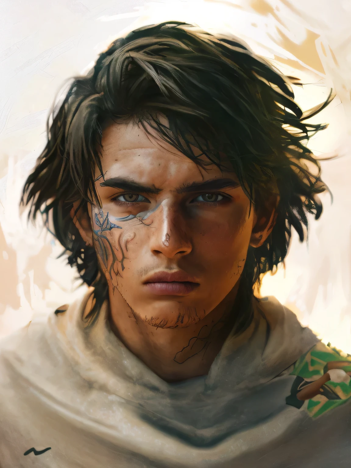 masutepiece,Hyper realistic,Hyper Detailed,A young man,Wild,desert fighter,Medium length hair,wearing primitive clothes,The tattoo,