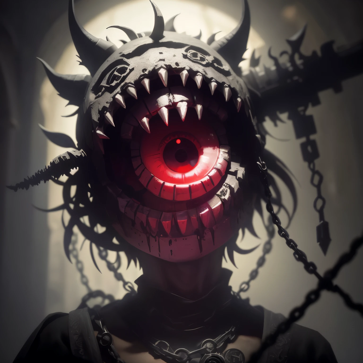 demonic-looking man with red eyes and a chain on his head, sorriso maligno e olhos brilhantes, d & d Observador, Arte digital escura, mas detalhada, monstro de fantasia hiper realista, 3 d render arte do caractere 8 k, unreal engine render + uma deusa, Vencedor do concurso Polycount, you looking into the maw, Criatura da loucura, no estilo da arte da fantasia sombria