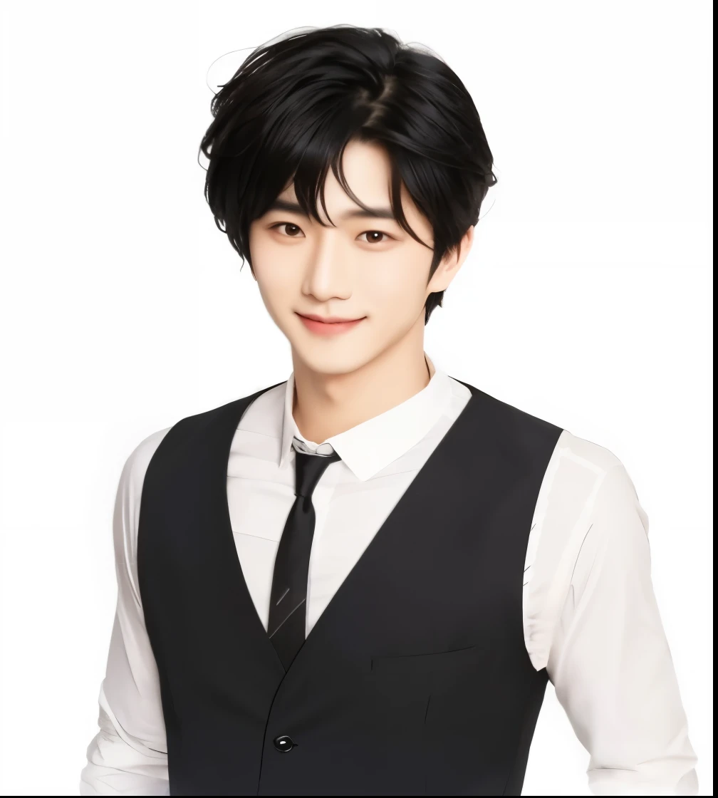 Asian boy with a vest and black tie, perfect jaw, pointed nose, black hair, with a perfect smile, brown eyes, realistic ultra details