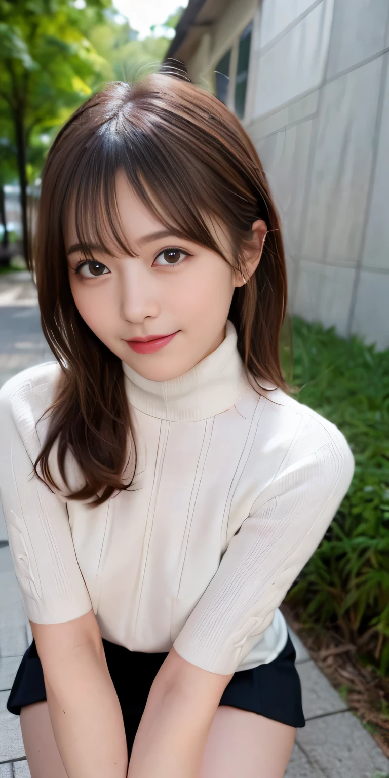 masutepiece, Best Quality,
Ultra-detailed, finely detail, hight resolution, in 8K,
((Photorealsitic:1.4, Raw photography, 超hight resolution,Top image quality: 1.4)),
Wallpaper,
((Perfect whole body configuration1.5)),
((Beautiful detailed eyes, Natural Color Lip、Clean face、Gaze staring at the camera、Eye of Lashaig、Distinct double eyelids、Tear mole、glowy skin、Clean skin quality、lipgloss)),
((a serene smile:1.5)),
((Random and cute hairstyles)),
((Turtleneck knit that adheres to the body:1.5)),
((大きなbreastsoutのサイズ、breastsoutの谷間:1.2)),
((Random and cute micro mini skirt:1.5)),
((crouching down:1.5)),
((breastsout、under look eyes、Mole on the arm:0.9)),
((look up to)),
((Random blurry background)),
((Random and cute facial expressions)),,
((((1人の女性:1.5))))
very detailed and professional lighting、
((Random and cute facial expressions:1.5))、
((thigh visible:1.5))