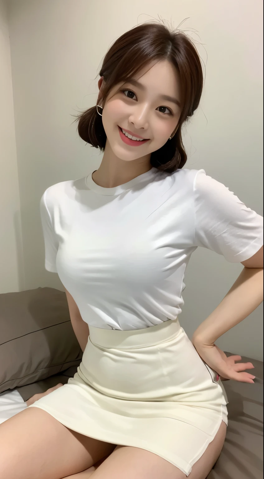 White tight shirt、White tight mini skirt、a bed、a smile、shortsleeves、high-level image quality、Hallyu Idol Face