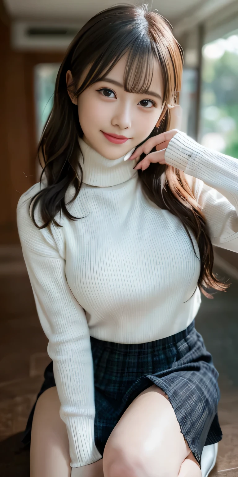masutepiece, Best Quality, Ultra-detailed, finely detail, hight resolution, in 8K, ((Photorealsitic:1.4, Raw photography, 超hight resolution,Top image quality: 1.4)), Wallpaper, ((Perfect whole body configuration1.5)), ((Beautiful detailed eyes, Natural Color Lip、Clean face、Gaze staring at the camera、Eye of Lashaig、Distinct double eyelids、Tear mole、glowy skin、Clean skin quality、lipgloss)), ((a serene smile:1.5)), ((Random and cute hairstyles)), ((Turtleneck knit that adheres to the body:1.5)), ((大きなbreastsoutのサイズ、breastsoutの谷間:1.2)), ((Random and cute micro mini skirt:1.5)), ((crouching down:1.5)), ((breastsout、under look eyes、Mole on the arm:0.9)), ((look up to)), ((Random blurry background)), ((Random and cute facial expressions)),, ((((1人の女性:1.5)))) very detailed and professional lighting、 ((Random and cute facial expressions:1.5))、 ((thigh visible:1.5))