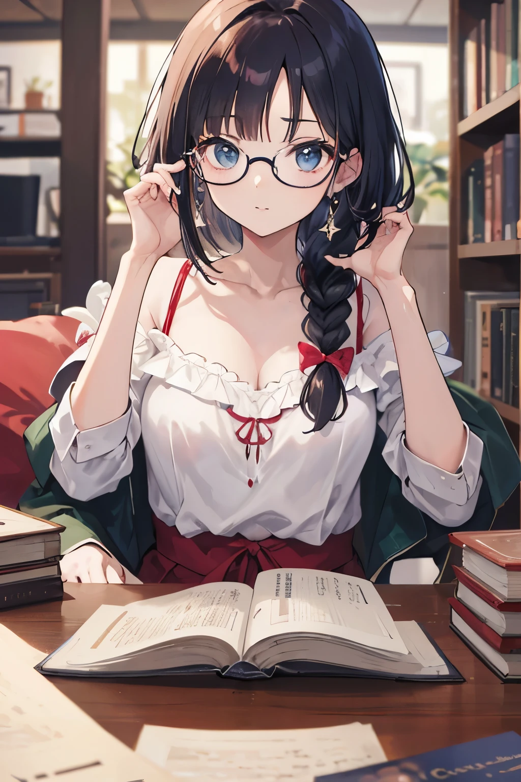 ((best quality)), ((master part)), (circunstanciado), rosto perfeito, garota de anime, loira, eyeglass, lendo livro, sipping coffee, braided low-cut blouse,