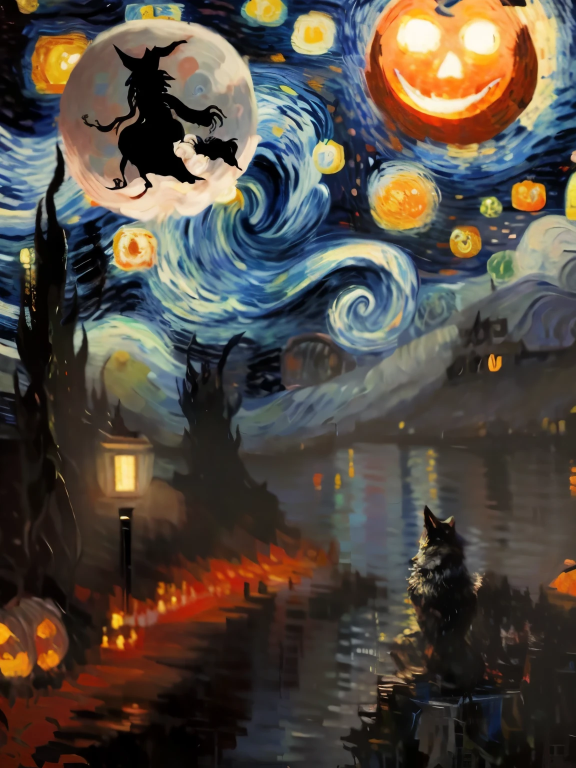 Oil painting, starry night by Van Gogh , oil painting, halloween night fantasy, werewolf, fantasy style