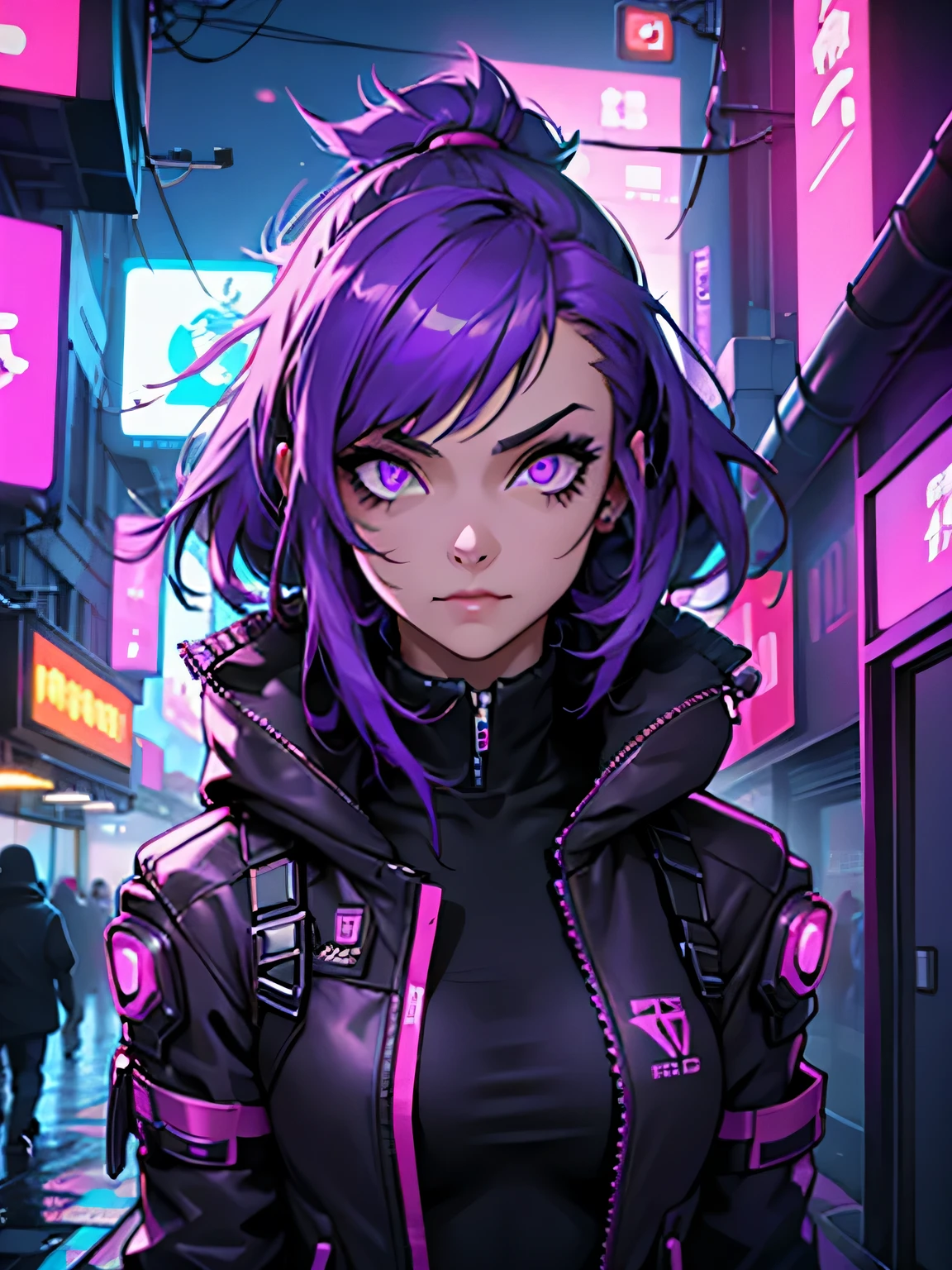 Garota cyberpunk, olhos roxos neon, cyber connections