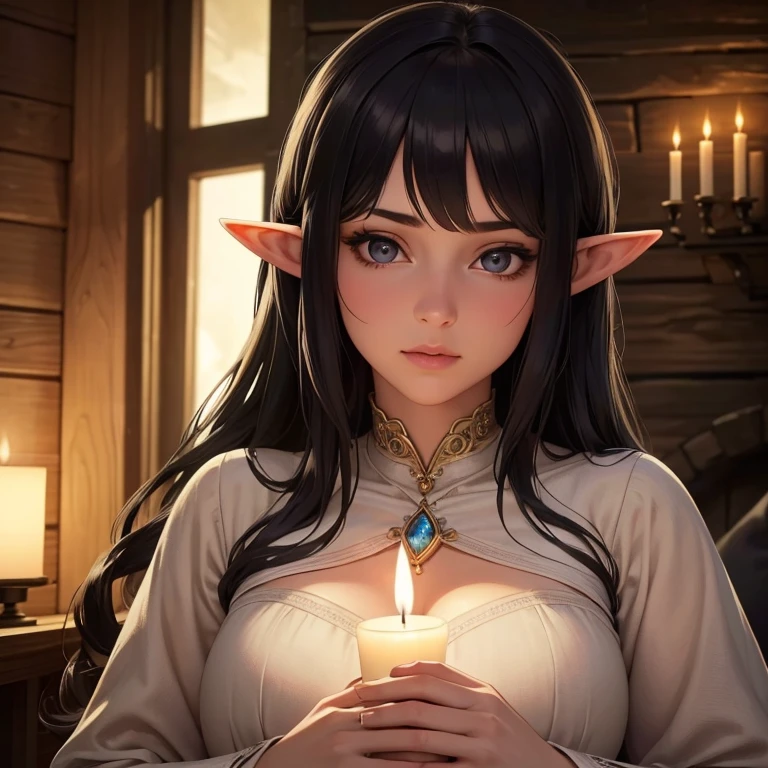 (best quality,4k,8k,highres,masterpiece:1.2), ultra-detailed, (realistic, photorealistic, photo-realistic:1.37), black hair, silver eyes, female elf, dim candlelight, tavern, fantasy, wood textures, cozy atmosphere, mystical aura, enchanting beauty, delicate elven features, flickering shadows, vibrant colors, medieval setting, magical ambience, ethereal presence, intricate details, soft lighting, alluring gaze.