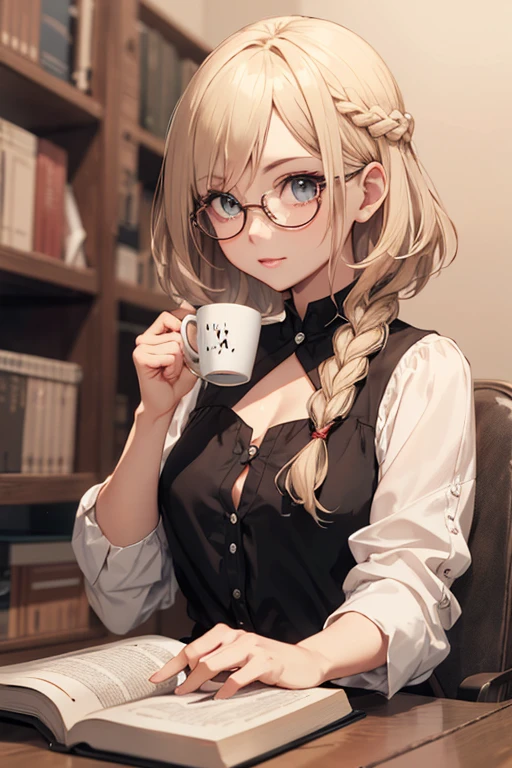 ((best quality)), ((master part)), (circunstanciado), rosto perfeito, garota de anime, loira, eyeglass, lendo livro, sipping coffee, braided low-cut blouse,