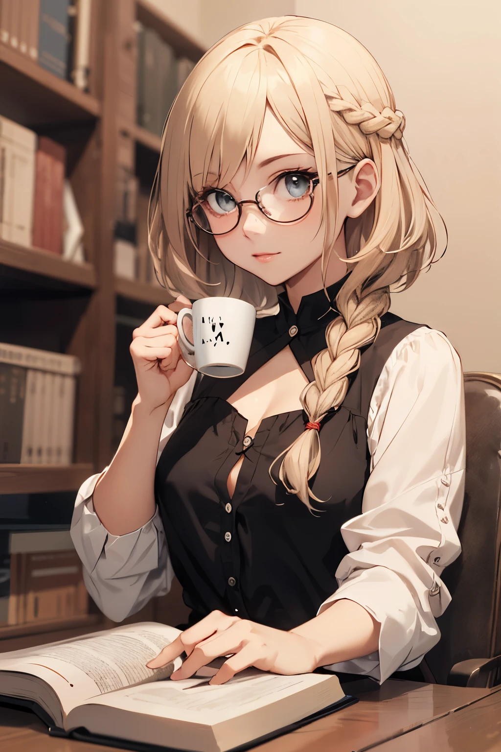 ((best quality)), ((master part)), (circunstanciado), rosto perfeito, garota de anime, loira, eyeglass, lendo livro, sipping coffee, braided low-cut blouse,