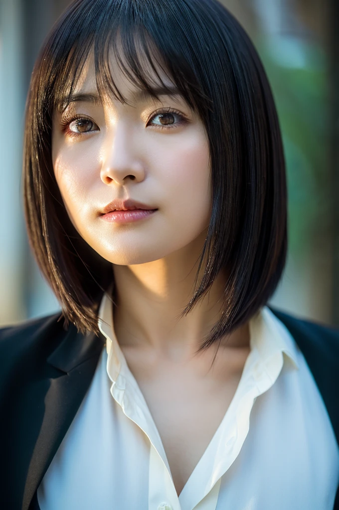 (8K、top-quality、​masterpiece:1.2)、(reallistic、フォトreallistic:1.2)（ultra-detailliert、hight resolution）(Slouched:1.3)、crouching down、(From  above:1.2)、(a closeup:1.4)、（Cut and sewn with loose chest area）Black business suit、OL、insurance sales girl、Smirk,Alafed Girl, chiho, iwakura lain, a closeupiwakura lain, With short hair, Shiori Teshirogi, Kotegawa Yui, short-cut, She is 40 years old, sui ishida with black hair, lain iwakura, Beautiful woman - well-groomed face, Clear pubic contours,(Small breasts), hight resolution, ighly detailed, top-quality, [​masterpiece:1.6],, ighly detailed, nffsw, finely detail, top-quality, , Cinematographic lighting, 1womanl、beautiful japanese female、perfect body type、, Beautiful big eyes with sexy droopy eyes、Transcendent beauty　top-quality、​masterpiece、majicMIX Real、(Raw photography:1.2)、(フォトreallistic:1.4)、s Office、　Negative Prompt
