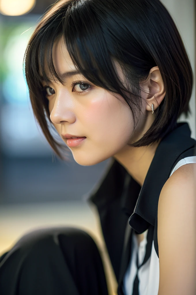 (8K、top-quality、​masterpiece:1.2)、(reallistic、フォトreallistic:1.2)（ultra-detailliert、hight resolution）(Slouched:1.3)、crouching down、(From  above:1.2)、(a closeup:1.4)、（Cut and sewn with loose chest area）Black business suit、OL、insurance sales girl、Smirk,Alafed Girl, chiho, iwakura lain, a closeupiwakura lain, With short hair, Shiori Teshirogi, Kotegawa Yui, short-cut, She is 40 years old, sui ishida with black hair, lain iwakura, Beautiful woman - well-groomed face, Clear pubic contours,(Small breasts), hight resolution, ighly detailed, top-quality, [​masterpiece:1.6],, ighly detailed, nffsw, finely detail, top-quality, , Cinematographic lighting, 1womanl、beautiful japanese female、perfect body type、, Beautiful big eyes with sexy droopy eyes、Transcendent beauty　top-quality、​masterpiece、majicMIX Real、(Raw photography:1.2)、(フォトreallistic:1.4)、s Office、　Negative Prompt