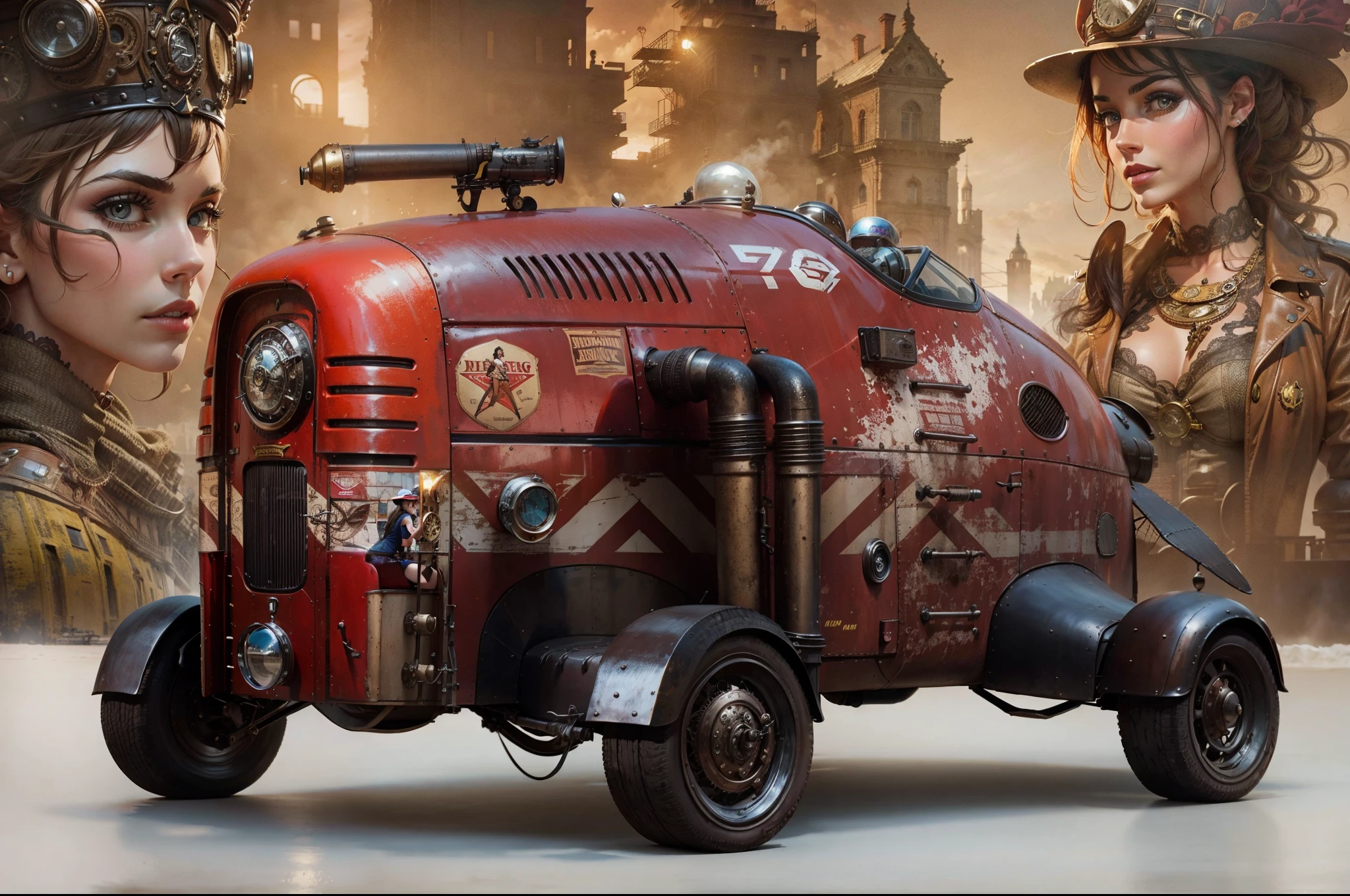 Vintage racing car flying in the foreground with two beautiful steampunk women in the background in front of steampunk buildings