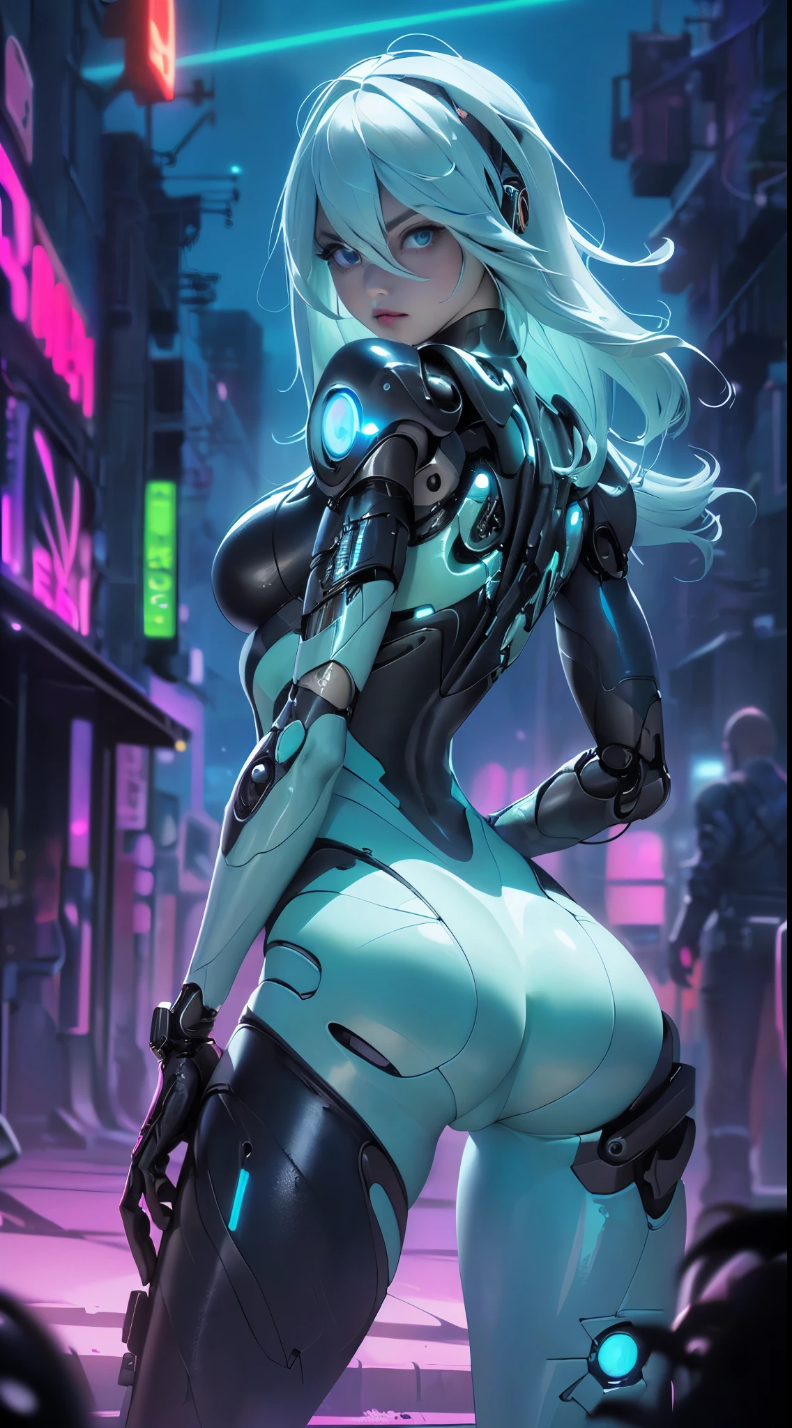 mulher de pernas roboticas com bunda sensual, laminas nas pernas, em uma paisagem futurista ultra realista com neons