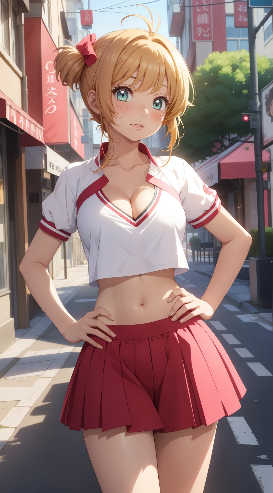 masterpiece, best quality, highres, perfect pixel, depth of field, 1girl, single, solo, beautiful anime girl, beautiful artstyle, (detailed face), (blush), anime CG style, (medium breasts), good lighting, perfect body, lips parted, (sakura kinomoto), glossy lips, city street, cheerleader, cleavage, midriff, hand on hip