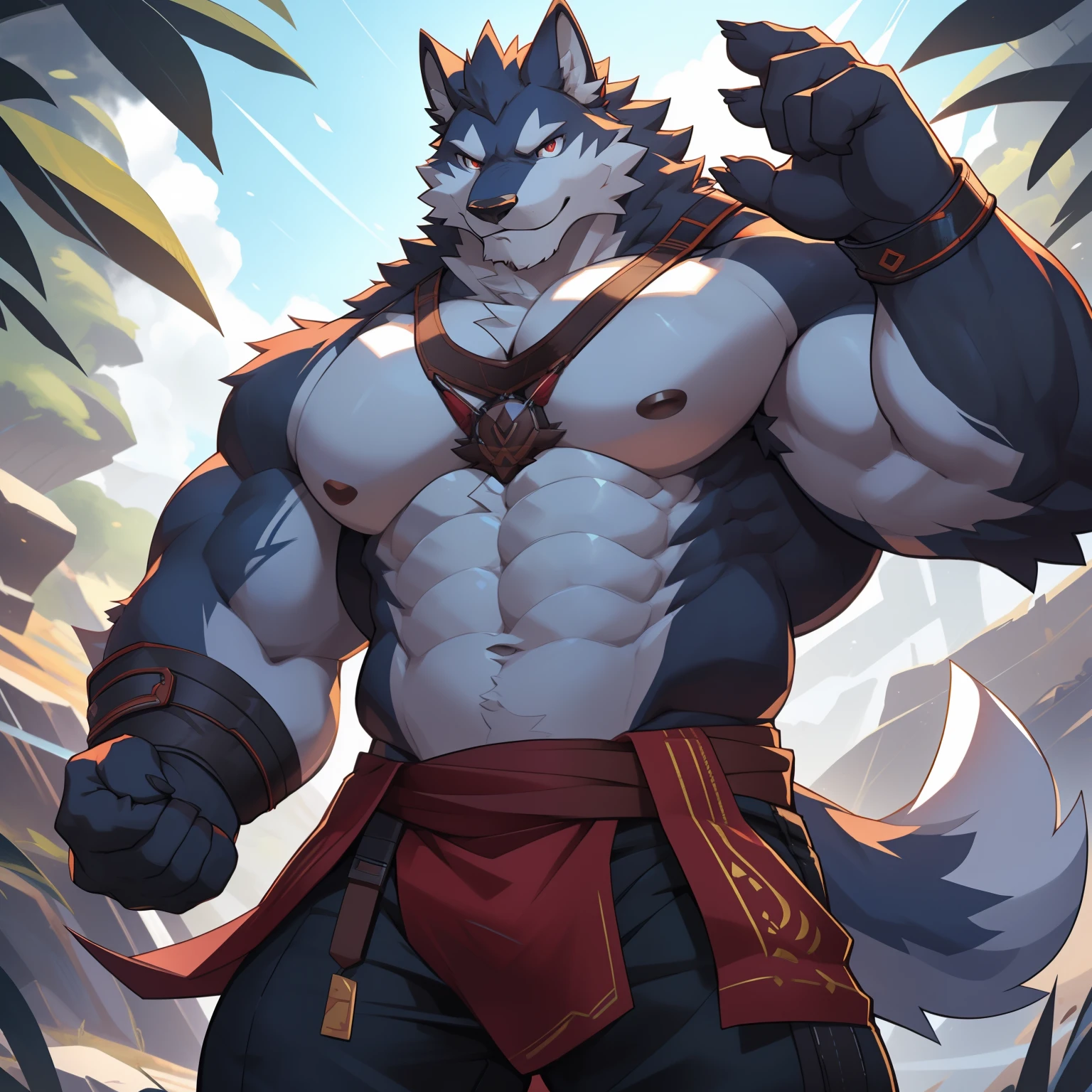 Solo, Male, (Muscular), sacrifices, (male anthro wolf):1.3, White flesh，nakeness，divinity，Wear white ear headphones，loincloth,Evil God (Kamimei):1.3, (komono:1.4) (DOA):1.23, Detailed eyes, lizard tail,A pair of dragon horns, A pair of dragon wings，Slim stature，((Full body like)), (Detailed eyes, red color eyes，The skin of the abdomen is whitish，Black skin，Sharp claws，Cute beast claws，glowing light eyes):1.1, (exteriors:1.35), inside in room，nigth，Futuristic style cultivation warehouse，Bright white light，Kneel，A lot of drooling，Stick out her tongue，Fluid spills from the lower body，Milk spilled all over the floor，Arrogant，unholy，Handsome（Particle，blue glowing）：1.3，detailedbackground，realisticlying，realistic hand，8k hdr，（，Wide dynamic range，hdr，low-light：1.2），author（pino daeni，（author：by ruaidri），author：virtyalfobo）