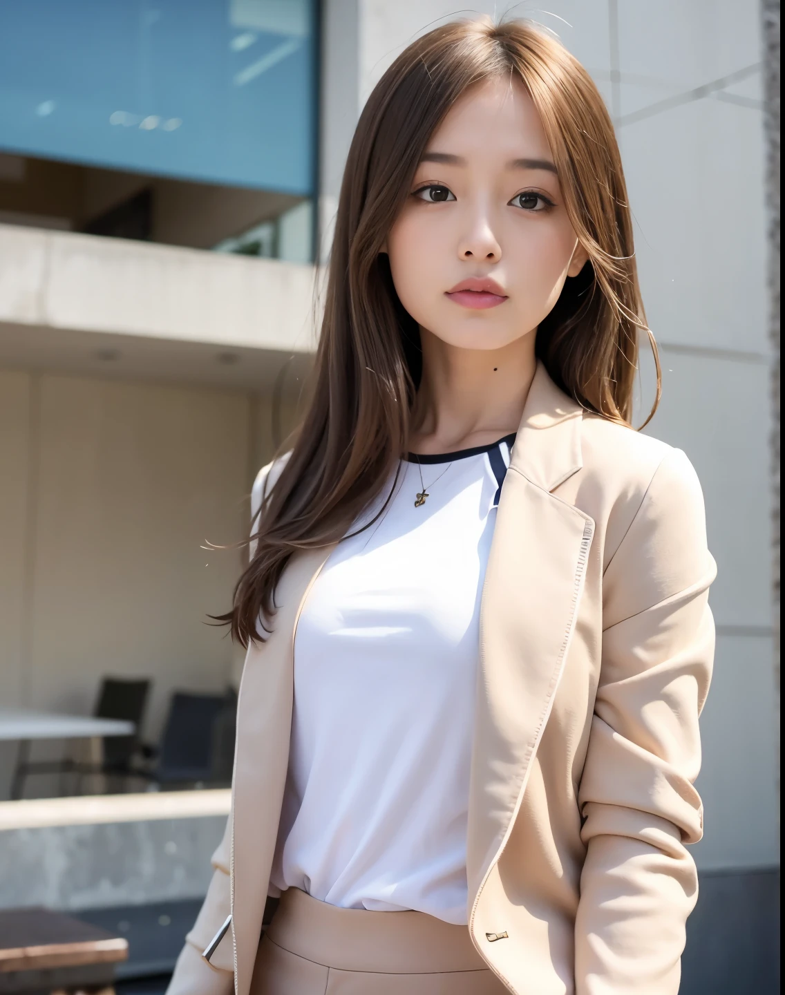 mix4, (RAW photogr),(Best quality at best), (realisticlying),( white backgrounid:1.2), ,,one-girl, The upper part of the body, Highly detailed face, ssmile,[Ash Blonde | ginger pubic hair | brown gray hair], XT3, beiges、Camel、High-waisted pants in a neutral color like silver or blue, Pair with a silk shirt and structured blazer, Create a sophisticated and powerful look,