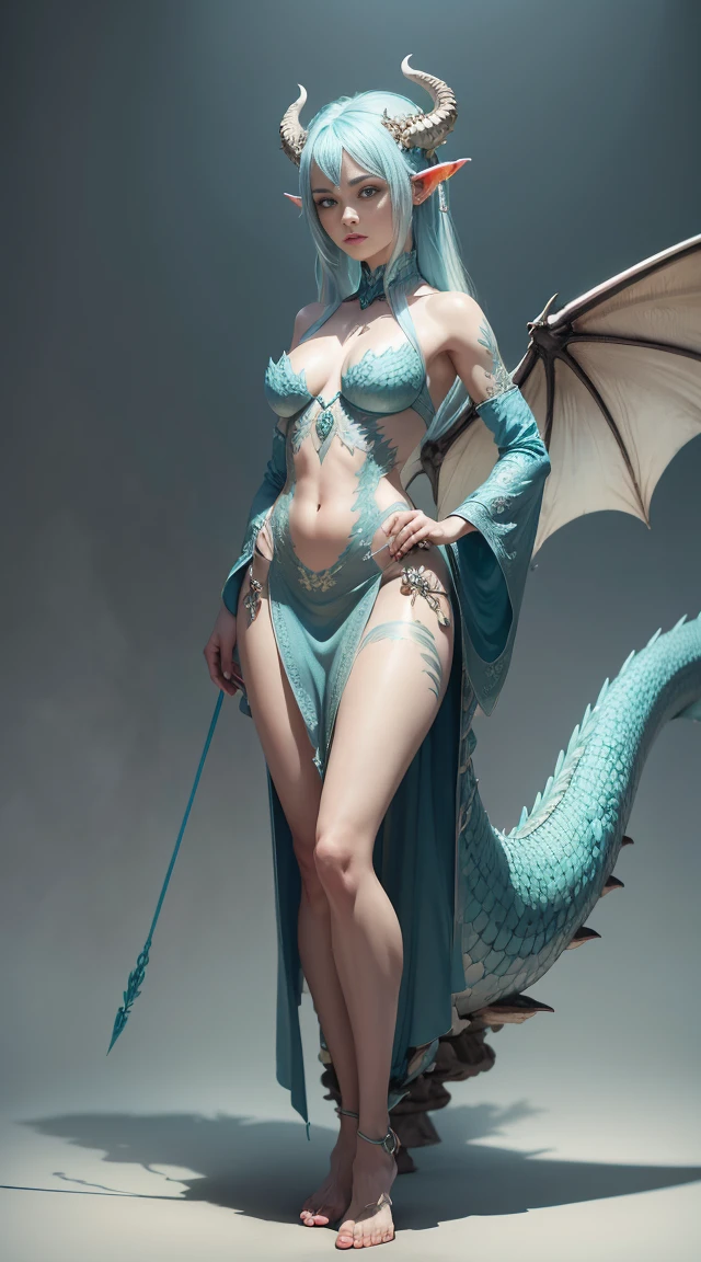 Dragons，Mother of Dragons，Dragon horns on the head，Light blue hair，Long legs，Wings on the back，Peerless looks，There are scales all over the body，jade foot，Scales wrap around the body