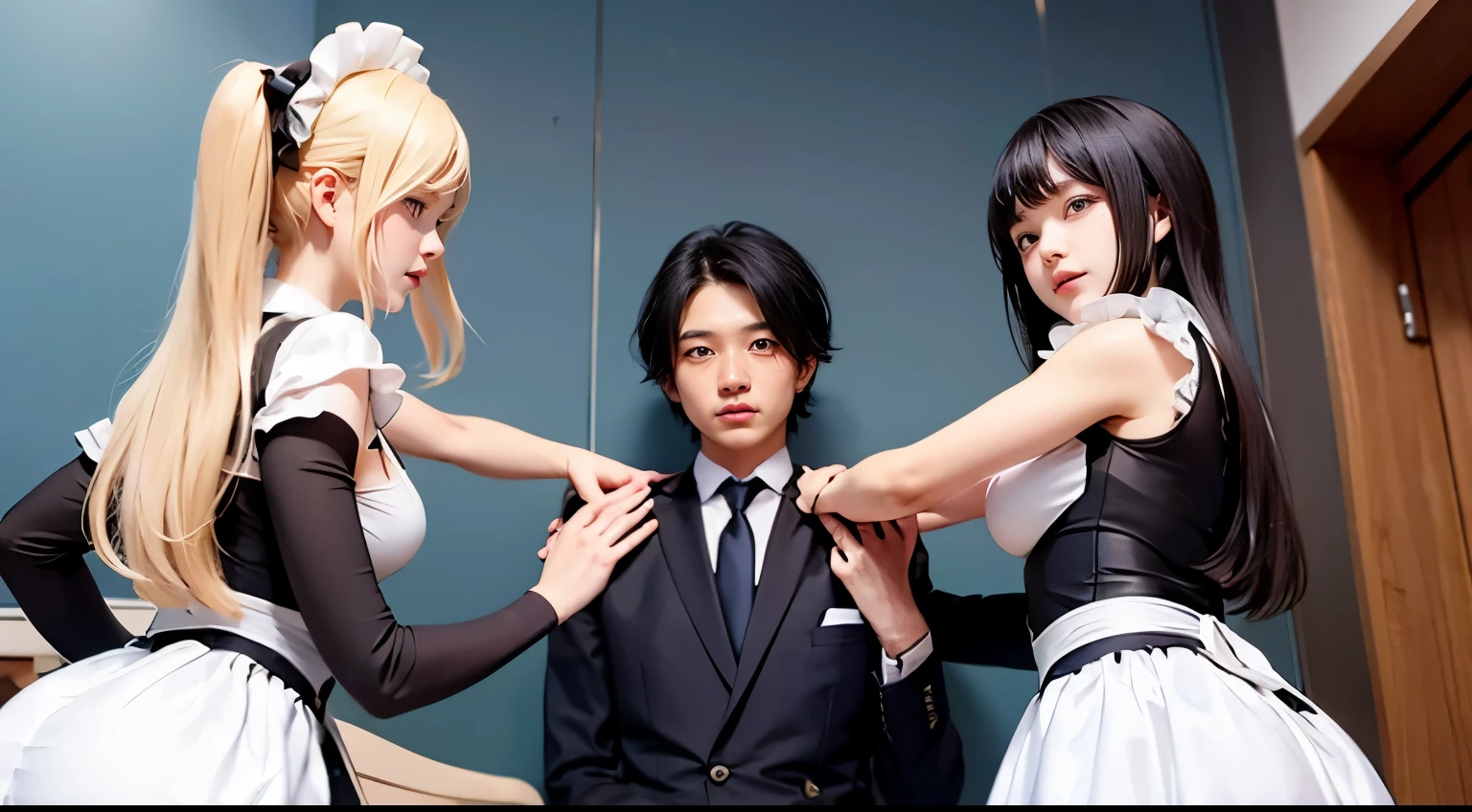 Two beautiful and adorable Japanese supermodel girls in cosplay costumes duel with a man, and the two girls unilaterally overpower them, brutally lynching and abusing them.。、 A maid girl and an idol girl hold a man in a suit between them, and the maid girl from the front and the idol girl from behind high kick the man from both sides and lynch him in a group.