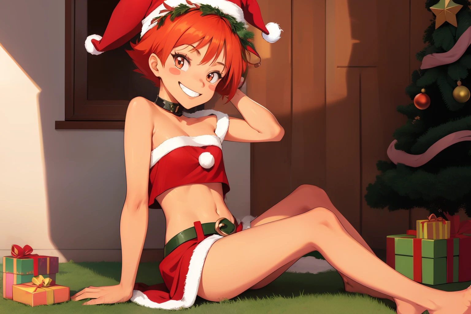 1girl, masterpiece, (detailed background), best quality, absurdres, eyelashes, eyeshadow, orange hair, tiny breasts, sitting on floor, on her knees, edward, Christmas tree in background, solo, short hair, smile, barefoot, dark copper-skinned female, blush stickers, tomboy, looking at viewer, grin, Santa hat on head, dark red walls, midriff