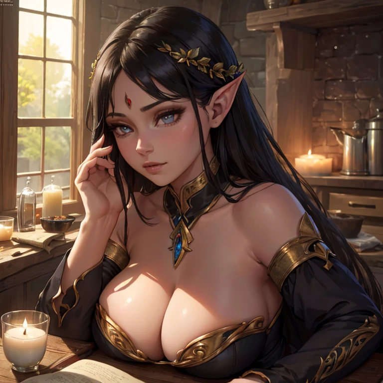 (best quality,4k,8k,highres,masterpiece:1.2), ultra-detailed, (realistic, photorealistic, photo-realistic:1.37), black hair, silver eyes, female elf, dim candlelight, tavern, fantasy, wood textures, cozy atmosphere, mystical aura, enchanting beauty, delicate elven features, flickering shadows, vibrant colors, medieval setting, magical ambience, ethereal presence, intricate details, soft lighting, alluring gaze.