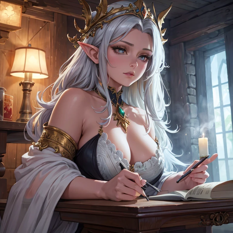 A voluptuous tanned brunette elf woman, wearing a luxurious black dress with jade details, long hair that reaches the floor and very long elf ears, from his eyes burst forth incandescent flames,  gold-plated body painting that covers your back and arms, your nails are gold colored, is writing a letter in his office. Image Image 1920x1080.  Japanese drawing art 90s