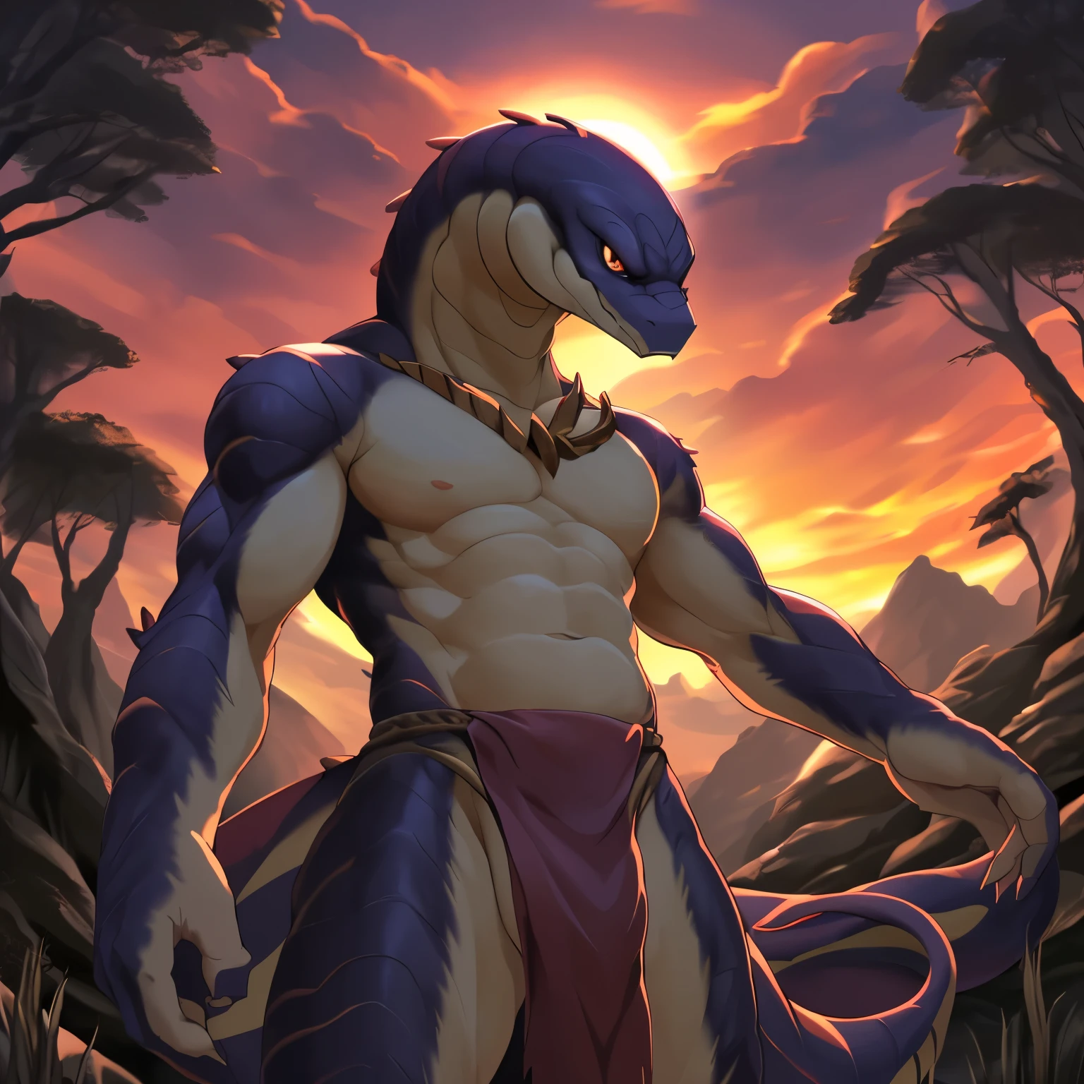 masterpiece, high quality, absurd res, digital painting \(artwork\), solo, (kemono:1.4), male anthro snake, smile, sunset, loincloth, detailed background, anime, (dark shadows, wide dynamic ,range, hdr, low light:1.2).