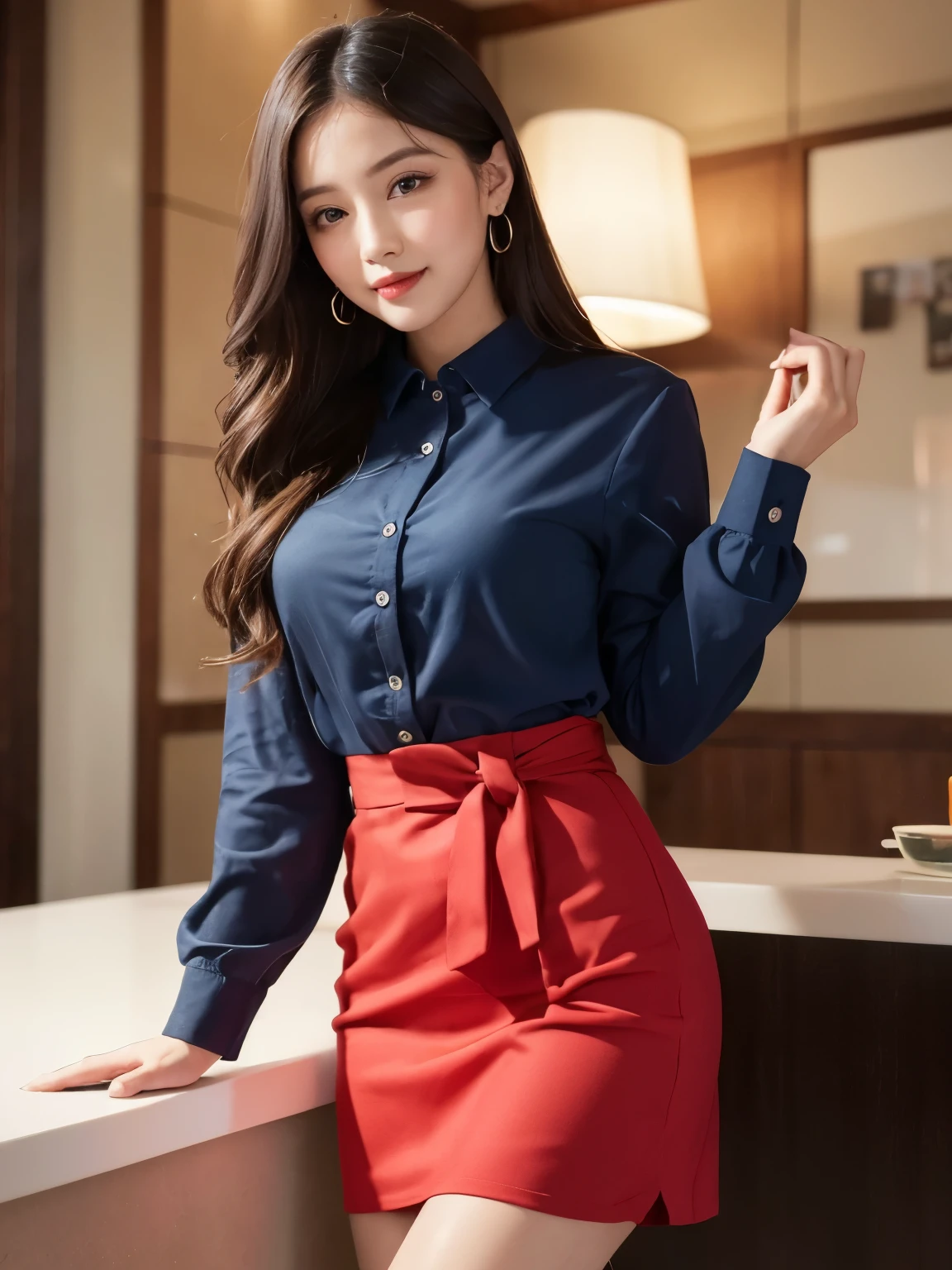 ((Top quality, 8K, Masterpiece: 1.3)), Beautiful girl, Pure, Melon face, Kind and cute, Sweet smile, Pure desire, Slender body, (Front), (Tilted head), ((Looking at camera) ), wearing a blue casual suit, skirt, long straight hair, long flowing shoulders, clear big eyes, moist red lips, sweet, standing, hotel reception background, (waist shot),
