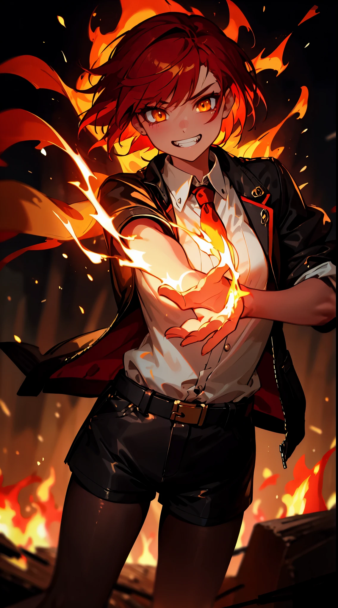 ((masterpiece)), best quality, 8k, high quality, high resolution, super detailed, ultra detailed, photorealistic, fiery and finely detailed face and eyes, ultra detailed and detailed skin texture, fiery eyes, perfect face, 1 girl, blazing red short hair, (fiery attire), flaming yellow eyes, medium breasts, (cropped jacket, black jacket), white shirt, collared shirt, (chest harness, black leather shorts, 7/8 pantyhose, shoulder (infernal aura), standing before a roaring bonfire, passionate expression, ((burning grin)), twilight, fiery landscape, crackling flames, intense atmosphere, (crackling embers), (dancing flames), since primordial times, Ignia, fiery eyes, background of blazing inferno.